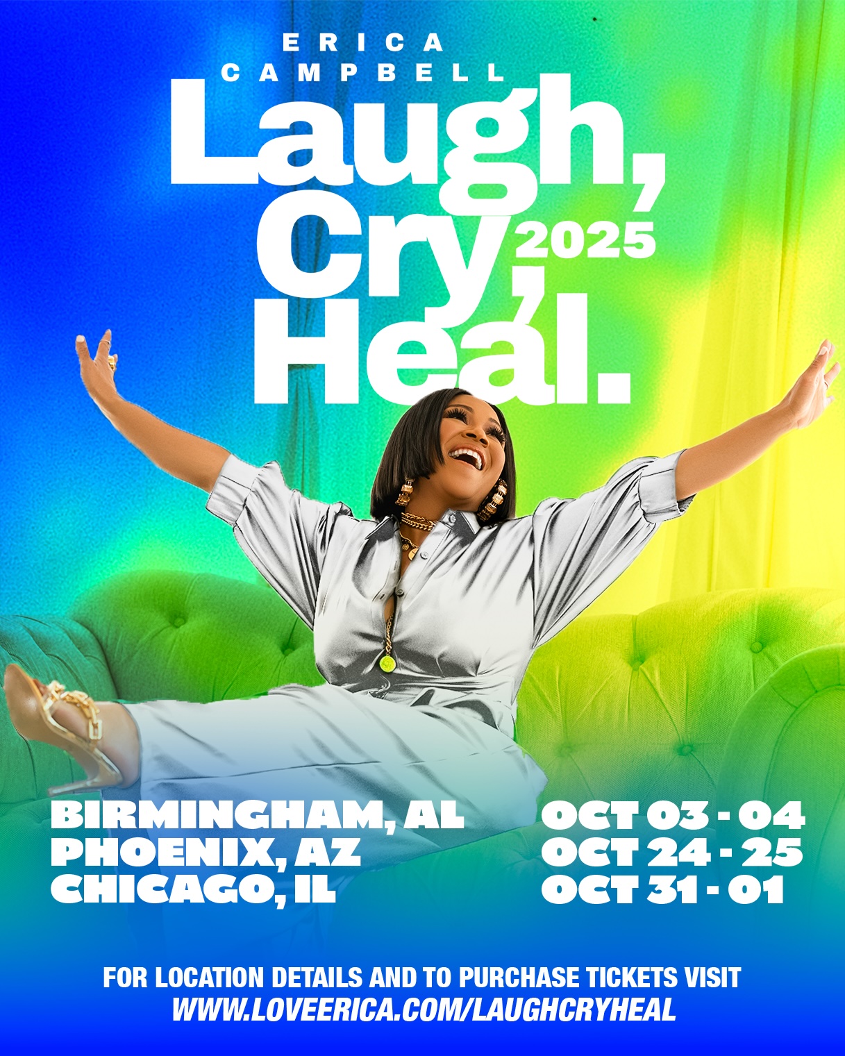 Official 2025 Laugh, Cry, Heal campaign artwork with Erica Campbell seated on a green sofa, smiling with her arms open