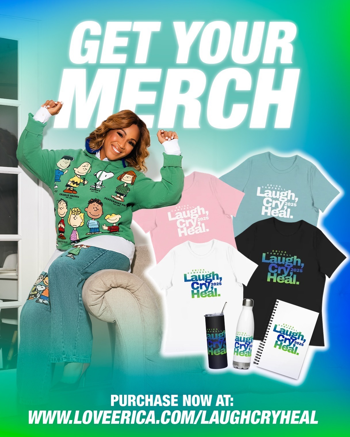 Erica Campbell with official Laugh, Cry, Heal merchandise